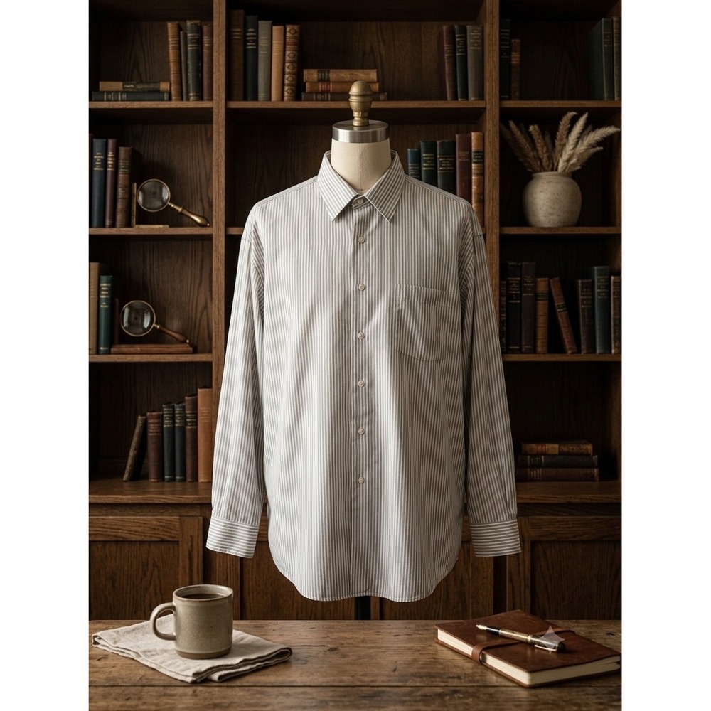 Quiet Luxury Roberto Villini Striped NonIron Dress Shirt Grey White 19 34-35 BIG